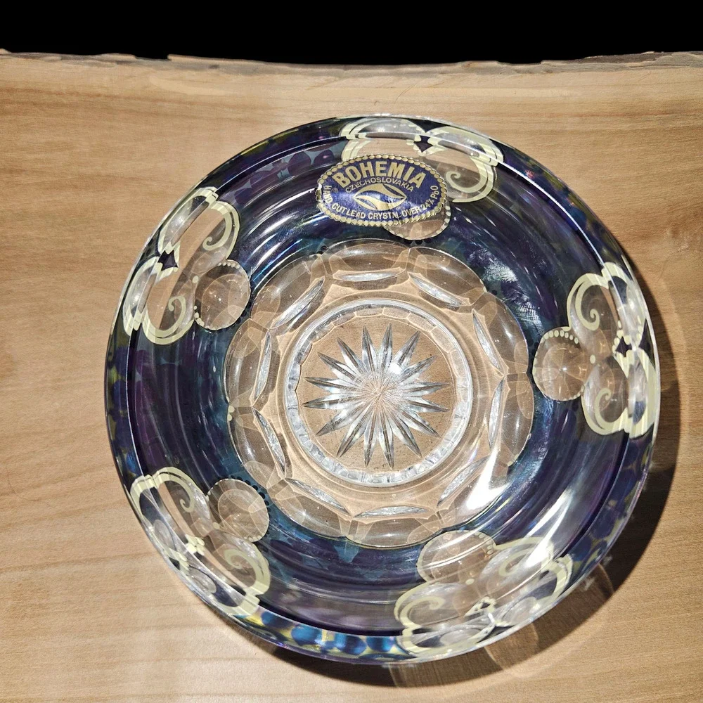 Bohemia Czechoslovakia 24% Lead Crystal Hand Painted Floral Art Glass Bowl